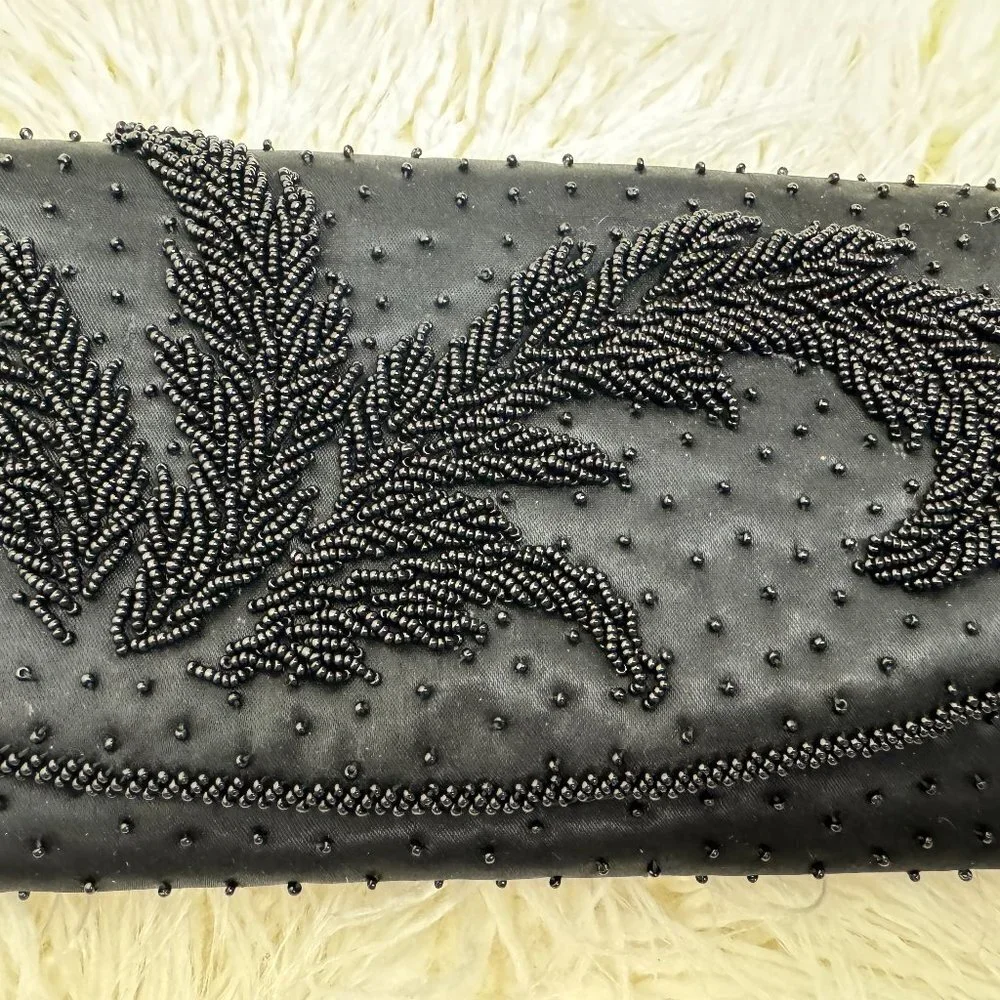 Vintage  Black Clutch  Bag Satin Beaded Event Evening Party Handmade Hong Kong